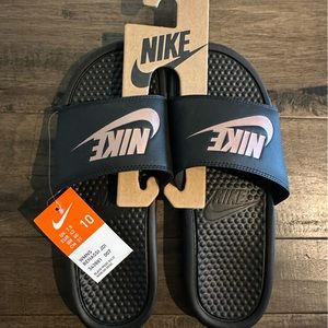 NIKE Women’s Benassi Slide Sandals Black and Rose Gold Size 10
